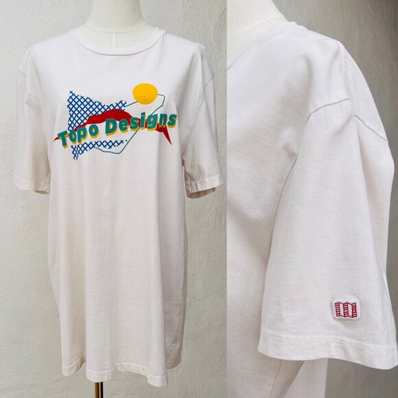 Topo Designs Men's Retro Logo Graphic Short Sleeve Cream Cotton T-Shirt Size L - Picture 1 of 14